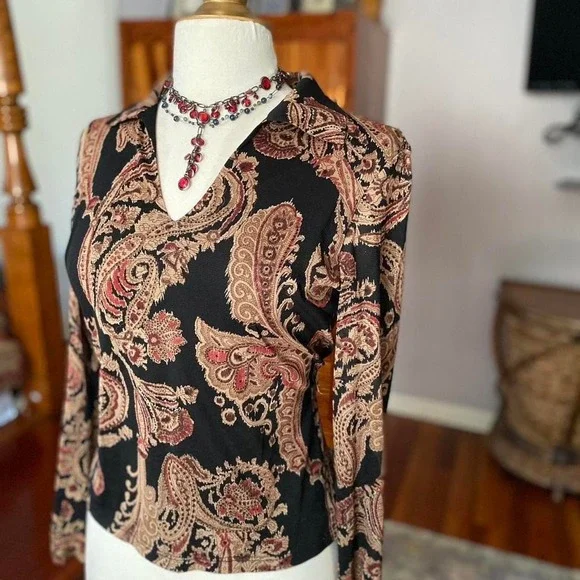 VINTAGE WET SEAL Y2K 90s Paisley Top Long Sleeve V-Neck Collared Black Brown S - Picture 3 of 6